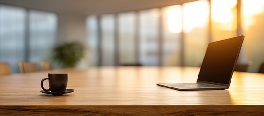 Empty Meeting Room Table With Laptop And Coffee Cup
