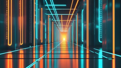 Futuristic corridor with neon lights and digital binary code