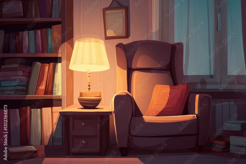 Poster cozy reading nook with warm lamp illuminating an inviting armchair in a peaceful indoor setting at n
