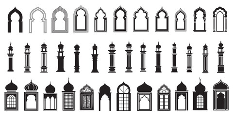 Arab and Muslim mosque shapes, Islamic arches and door designs combined with modern silhouettes, Eid Mubarak and Ramadan Kareem frames that represent Islamic Arabian and Muslim holidays