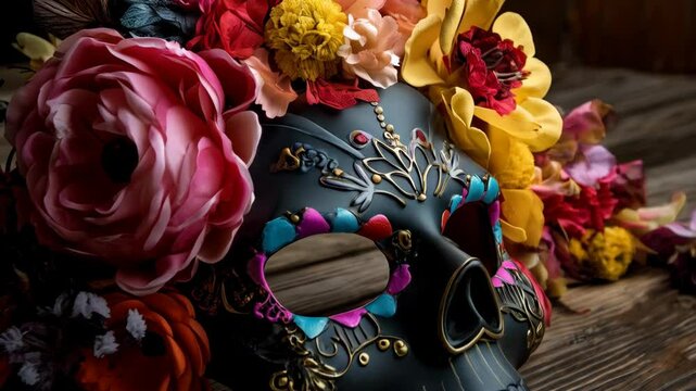 Decorated skull mask adorned with vibrant floral arrangement resting on a rustic wooden surface, evoking festive symbolism