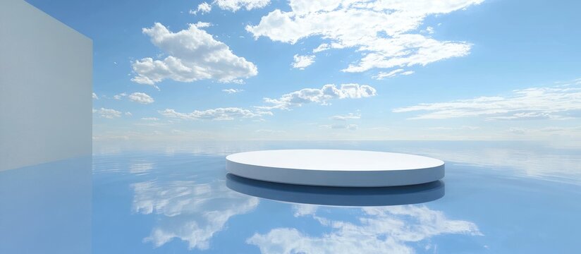 Serene water surface mirroring the expansive sky with an isolated platform structure