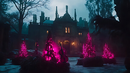 Festive Night Scene with Illuminated Castle and Decorated Christmas Trees