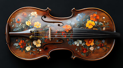 Decorative Violin with Floral Pattern on a Black Background