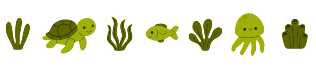 Nature-focused horizontal marine set with seaweed, turtle, fish, and jellyfish in earthy green tones for children’s content © vicktoriabbk