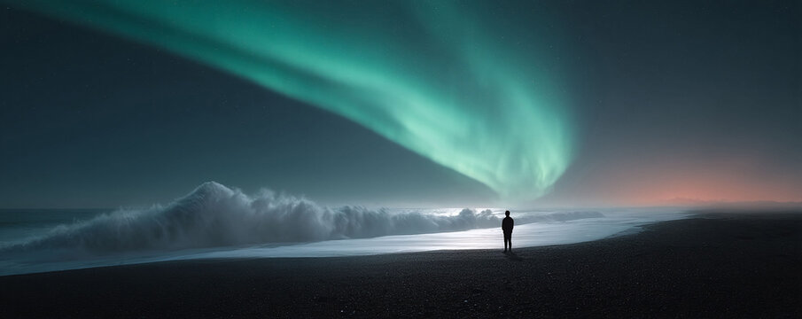 Stunning landscape featuring a lone figure silhouetted against the vibrant aurora borealis and crashing waves. Evokes wonder, adventure, and the power of nature. - Powered by Adobe