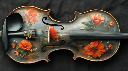 Close-Up of a Painted Violin Featuring Vibrant Red Flowers on Black Canvas