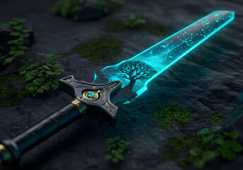 Obraz premium A beautiful, transparent crystal sword resting atop a black rocky mountain. 
