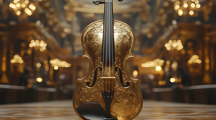 Elegant Golden Violin Displayed in Luxurious Setting With Warm Lights