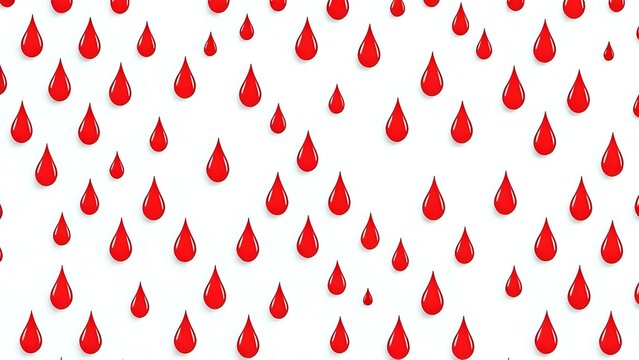 Minimal white background with repeating flat red blood drop icons scattered lightly.