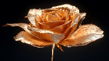 Golden Rose With Dewdrops on Black Background Showcasing Elegance and Glamour