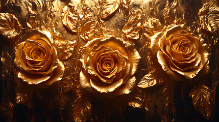 Luxurious Golden Roses With Metallic Leaves on Reflective Background