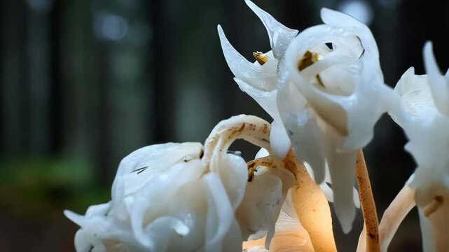Cluster of ghostly white Indian Pipe flowers blooming in the forest undergrowth, showing translucent petals and brown stalks in a dark wooded area.
