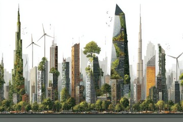 A futuristic city showcasing green energy transportation with electric buses and cars on clean, modern streets and buildings.