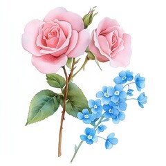 Pink Rose And Blue Forget-Me-Not Watercolor Illustration