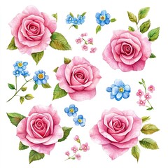 Watercolor Pink And Blue Roses And Flowers