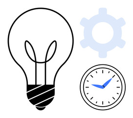 Lightbulb, gear, and clock emphasizing creativity, innovation, productivity, and time management. Ideal for planning, teamwork, strategy problem-solving business workflow flat simple metaphor