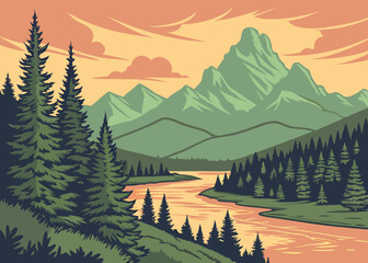 Serene Mountain Landscape with River and Pine Trees a Peaceful Vector Illustration of Nature s Beauty Perfect for Travel Posters and Outdoor Adventure Designs with a Retro Vibe