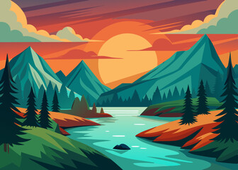 Stylized Mountain Landscape at Sunset with River and Trees Vector Illustration Peaceful scene with vibrant colors and sharp geometric shapes in a modern minimalist style