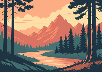 Serene Mountain Landscape with River and Forest Vector Illustration A peaceful scene featuring mountains a winding river evergreen trees and a warm sunset sky perfect for backgrounds and designs