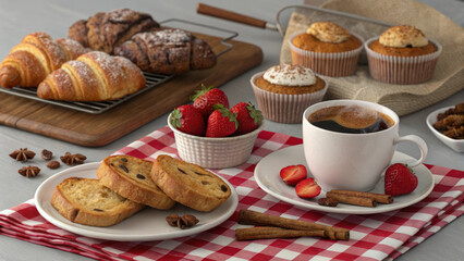 Delicious Breakfast Spread with Coffee, Croissants, Muffins, Biscotti & Strawberries