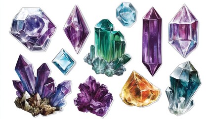 Watercolor illustration of twelve vibrant, multifaceted crystals and gemstones in various shapes, sizes, and 