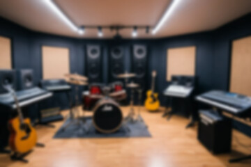 Blurred music studio interior, featuring musical instruments such as guitars and drums neatly lined up, modern classical theme, blurred music studio background.