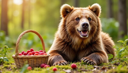 Fototapeta premium Bear sitting beside a basket of raspberries in a forest setting 