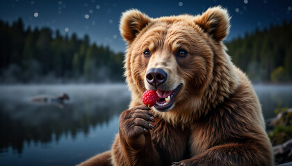 Fototapeta premium Grizzly bear eating raspberry by tranquil lake under starry night 