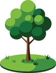 Green leafy tree vector illustration with grass base in simple flat style nature design 