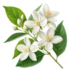 Ultra-Detailed Fresh White Jasmine Flowers with Green Leaves on Transparent Background