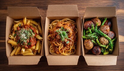 Three takeout containers of pasta dishes; penne with marinara, spaghetti with meatballs, and meatballs with asparagus