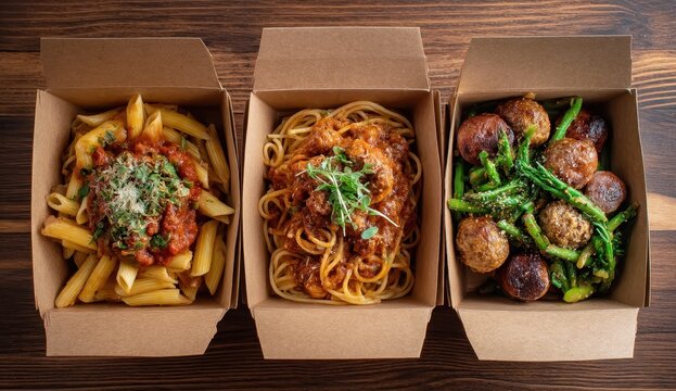 Three takeout containers of pasta dishes; penne with marinara, spaghetti with meatballs, and meatballs with asparagus