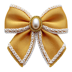 Fototapeta premium Elegant Golden Satin Bow with Pearl Center and Decorative Edging for Fashion and Decoration Purposes