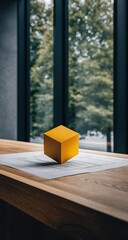 Floating Yellow Cube On Wooden Table Near Window