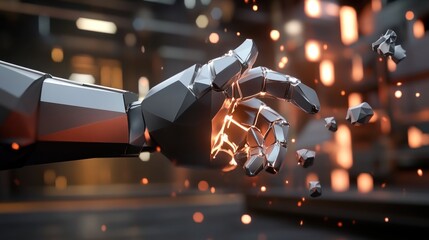 Futuristic metallic hand interacts with fragmented material