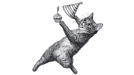 Playful cat with party hat and cupcake
