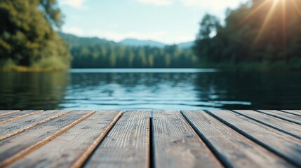 Naklejka premium Wooden pier with a tranquil lake view, reflecting sunlight and surrounded by lush trees, creating a peaceful atmosphere