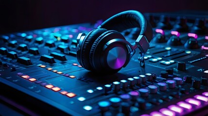 A futuristic photograph featuring sleek headphones resting on a digital audio mixing console