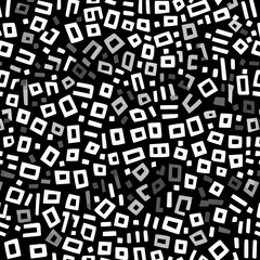 Seamless Geometric Pattern of White Grey Black Squares on Black Background 