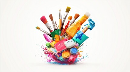 A vibrant explosion of paint, brushes, and paint tubes, dynamically arranged against a stark white background, showcasing a burst of color and artistic energy