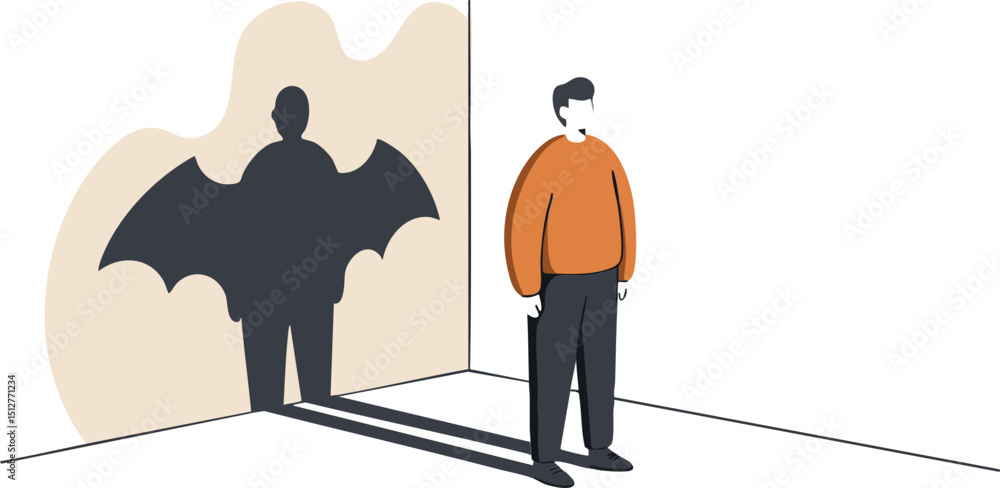 Poster man standing casting bat shadow symbolizing hidden identity and inner superhero concept vector illus
