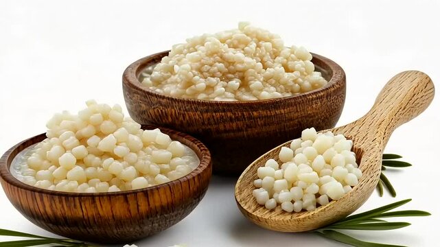 Kefir Grains in Wooden Bowls and Spoon Isolated on White Background
