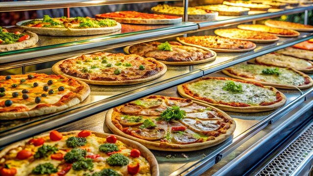Variety of pizza types in display window great concept for showcasing menu options and attracting customers with flavorful visuals milkyhexddway pizzas Backgrounds ads