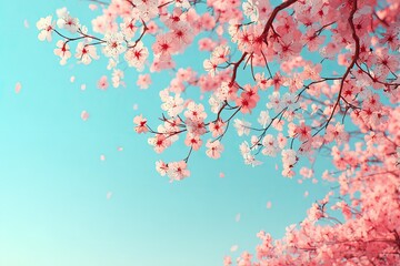 Fototapeta premium Beautiful Pink Cherry Blossoms Against A Light Blue Sky