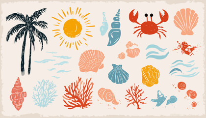 Hand-Drawn Summer Vintage Beach Elements Sun, Shells, Crabs, Coral, Palm Trees