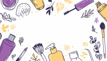 Hand-Drawn Makeup Template Cosmetic Products & Floral Frame Illustration