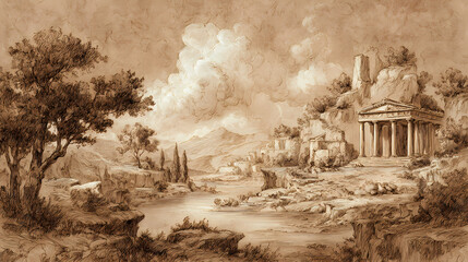 museum print reproduction | eternal nature | sublime calm | ochre and azure | centralized radiance | classical temples | horizon framing | atmospheric perspective | mythological countryside |