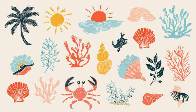 Hand-Drawn Summer Vintage Illustrations Ocean, Beach, and Coastal Elements