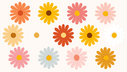Hippy Groovy Daisy Flowers Set Retro Vintage Style Hand Drawn Decorative Elements 60s 70s Icon Flower Pastel Colors Kids Cute Decor Flat Cartoon Illustration Vector